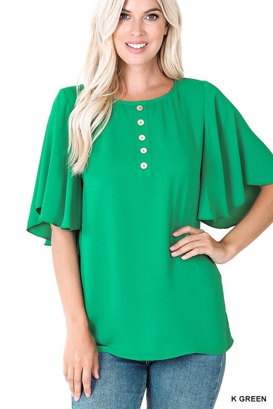 Kelly Green Woven Waterfall Sleeve Button Front Top