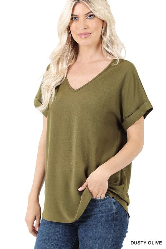 Heavy Dobby Rolled Up V-Neck Top Geaux Styles
