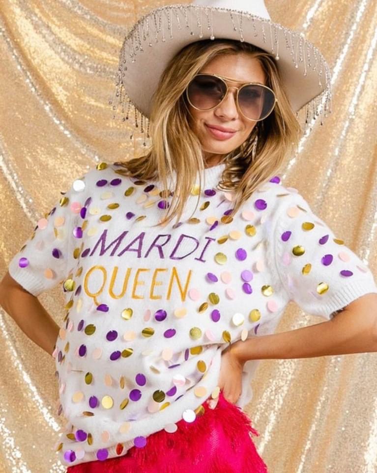 Mardi Gras short sleeve pullover with sparkle